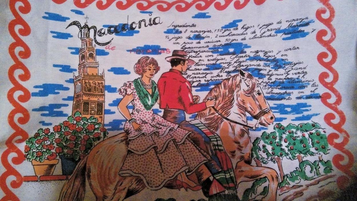 Vintage Macedonia Linen Kitchen/Tea Towel VIVID COLORS COUPLE WITH A HORSE CUTE!