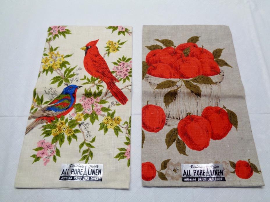 2 Unused Vintage Ireland Linen Kitchen Tea Towels Birds and Apples