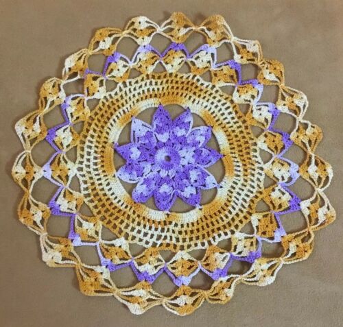 Vintage Doily, Hand Crocheted, Lavender& Yellow, Flower Design, Scalloped Edges