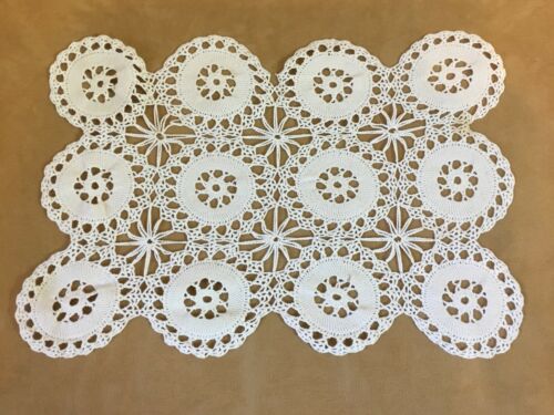 Vintage Hand Crocheted Doily, Cotton, Circular Flower Design, Rectangle, Ivory