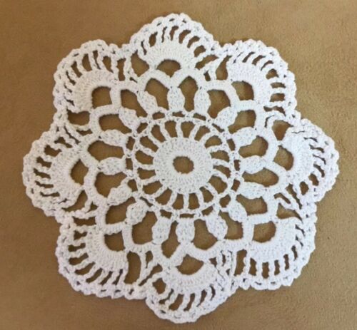 Vintage Small Doily, Hand Crocheted, Off White, Flower Design, Scalloped Edges