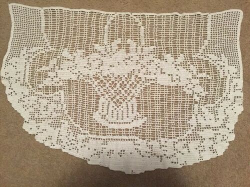 Large White Filet Crochet Chair Back Doily Basket of Flowers 34