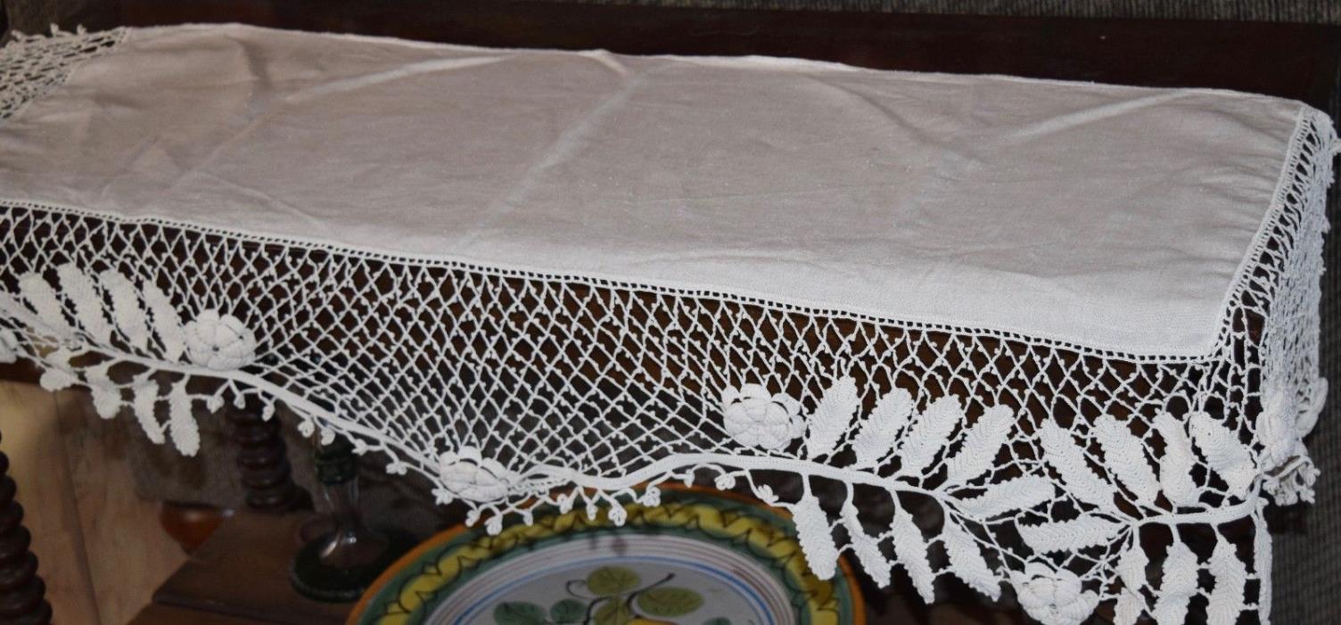 6337 Antique Linen hall table runner/doily, fabulous  floral crochet edge