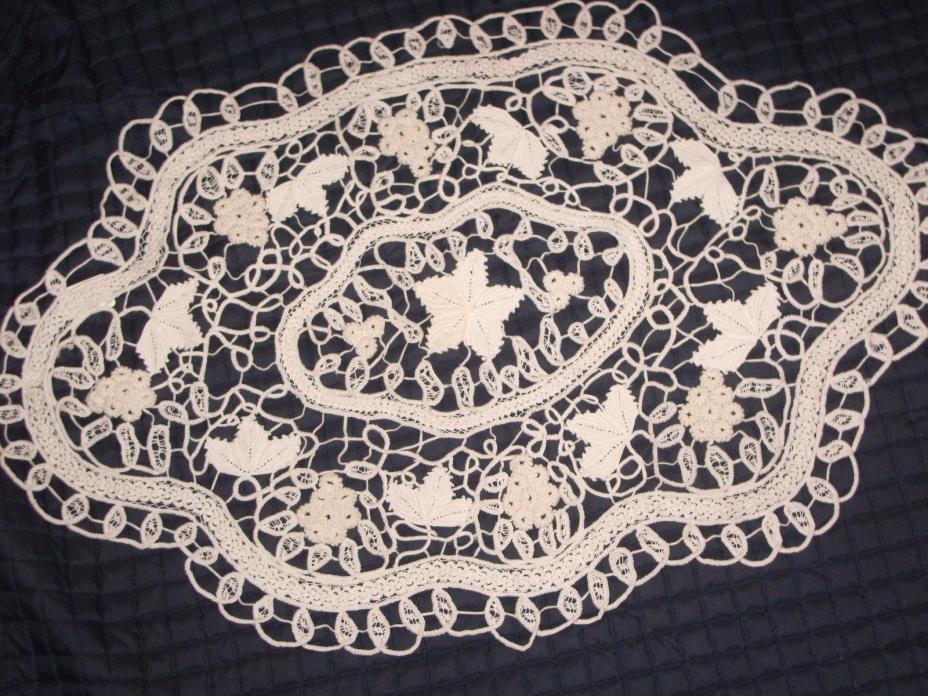 Antique lace linen crochet doily open raised work white ivory color
