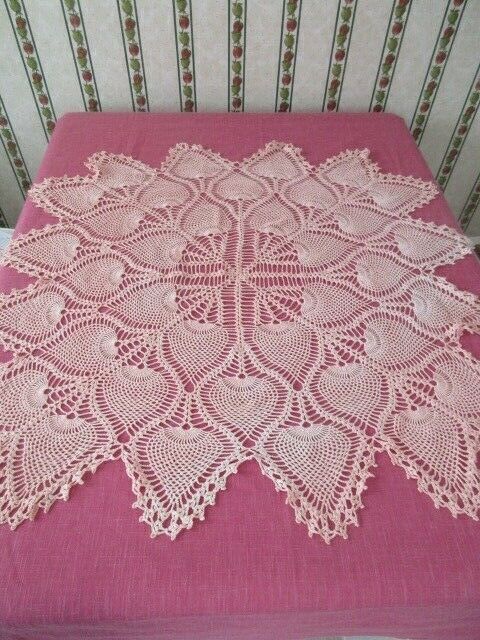 Vintage Large Hand Crocheted Coral Shade Table Topper Doily, 40”