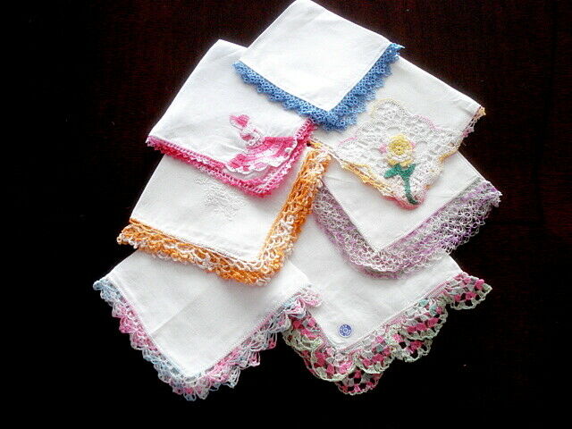 Vintage Hankies Lot/7~Most Linen w/Pretty Hand Crochet Trims