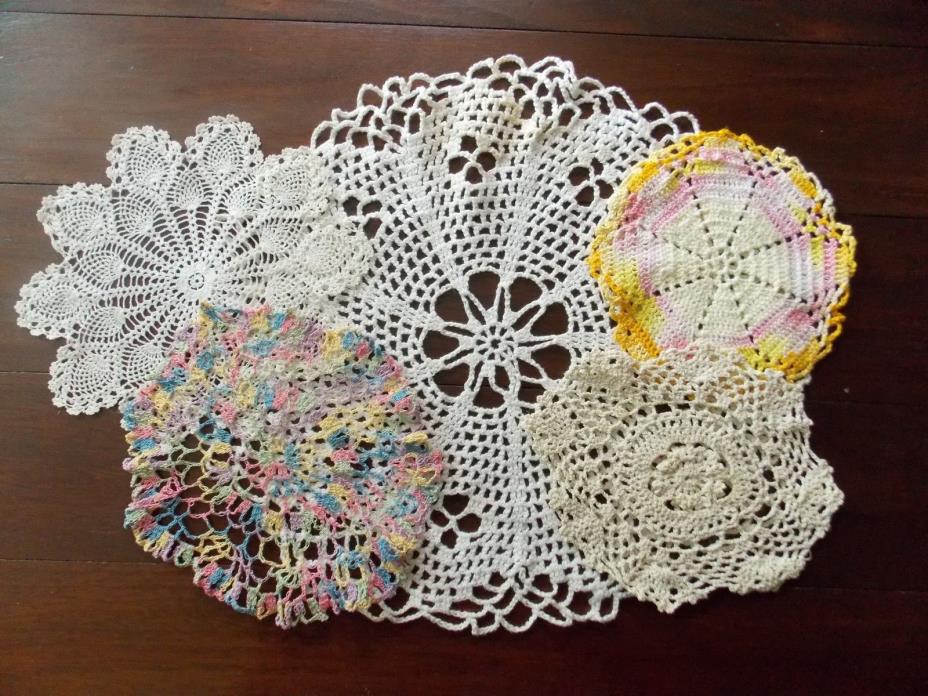 Five Vintage Handmade Crochet Doilies Cream   #170