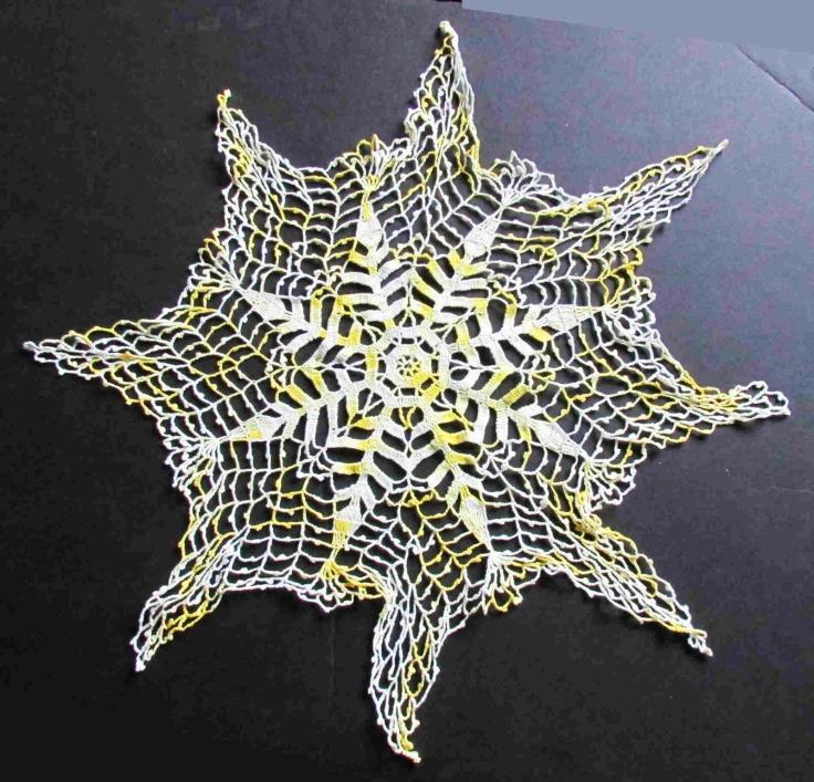 Thread Crocheted Vintage Doily Yellow White Hand Crafted 8 points 18