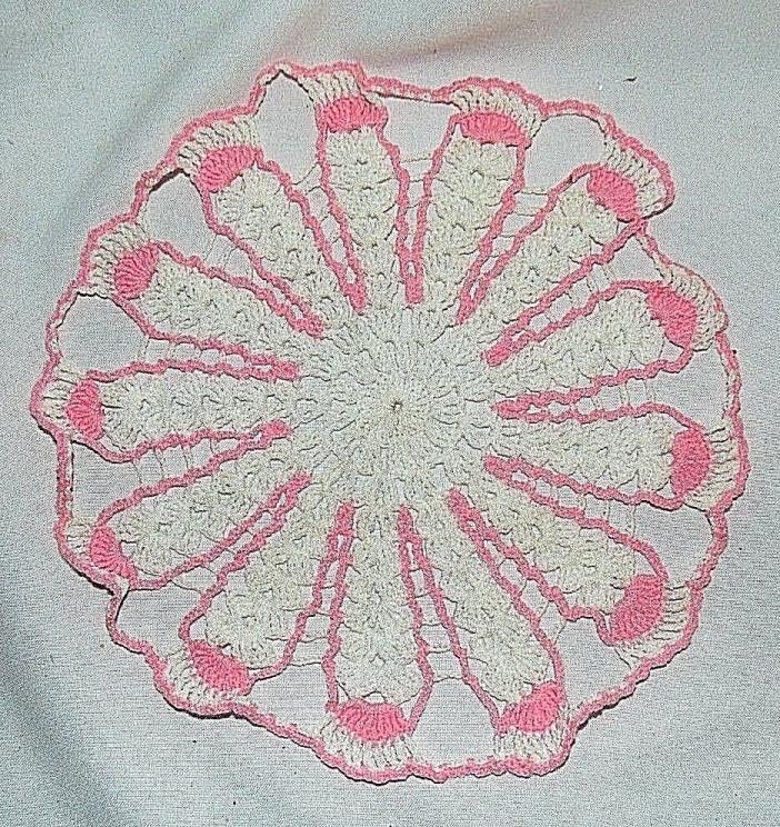 Crocheted Doily Pink White 11 Inch Diameter