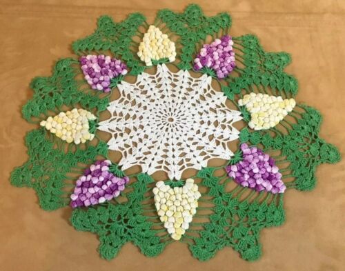 Vintage Hand Crocheted Round Doily, Grapes, Leaves, White, Purple, Green, Yellow
