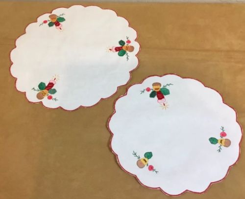 Two Vintage Appliquéd Doilies, Candles, Holly, Cotton, White, Red., Green