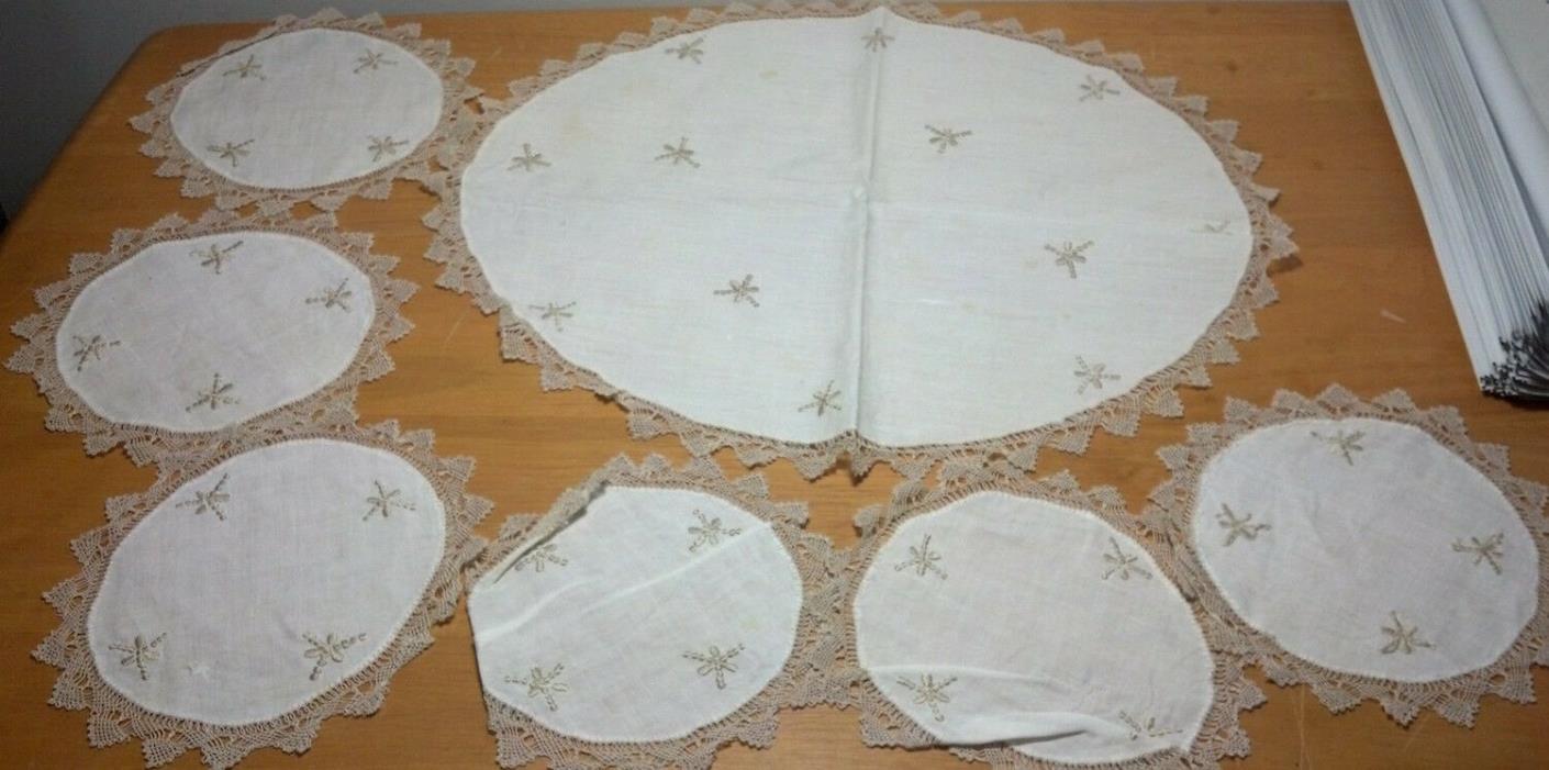 Set of 7 Oval White Cotton Doilies (1 lg. + 6 Sm.) Vintage handmade.
