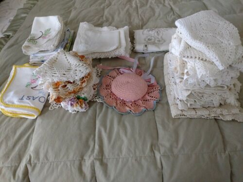 Vintage Set of 62 Crochet, Doilies, Embroidered Linens
