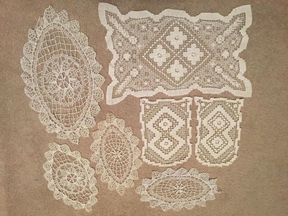 Lot of 7 Vintage Ecru Bobbin Crochet Doilies Various Shapes 9.