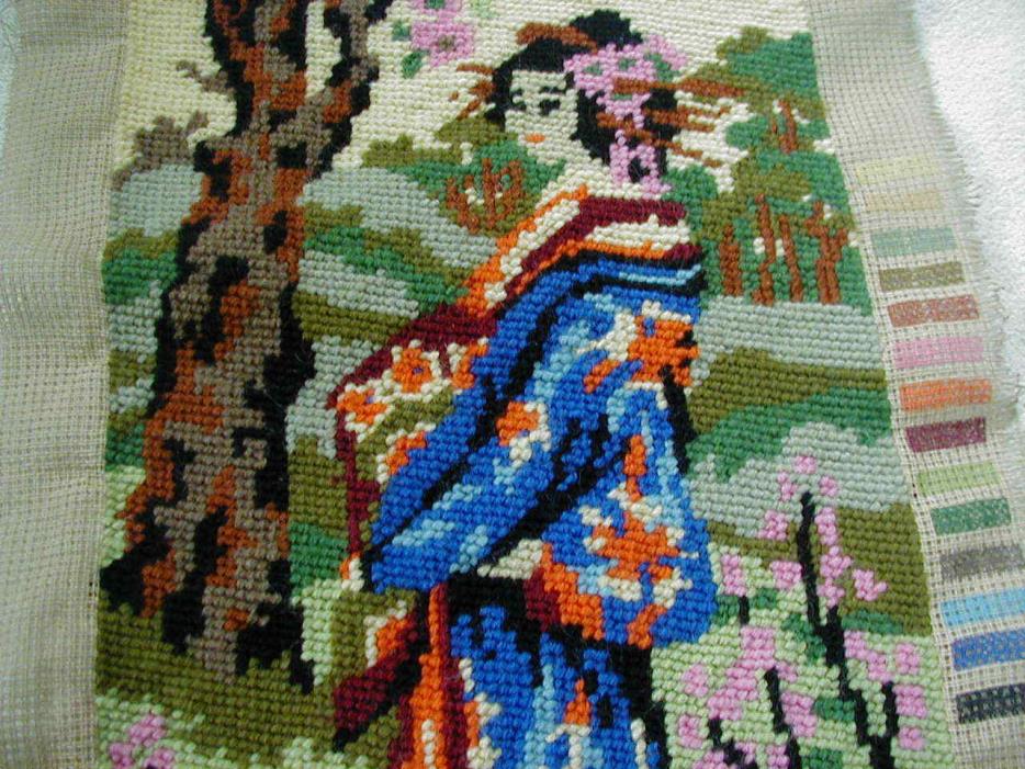 vintage needlepoint panel tapestry  Japanese Geisha design