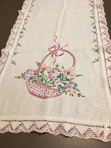 Vtg Red Flower Basket Dresser Scarf Table Runner Hand Embroidered 38x14 B50