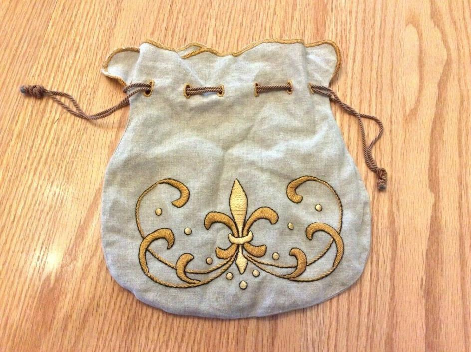 Vintage Drawstring Bag Embroidered Fleur de lis ?Linen 10