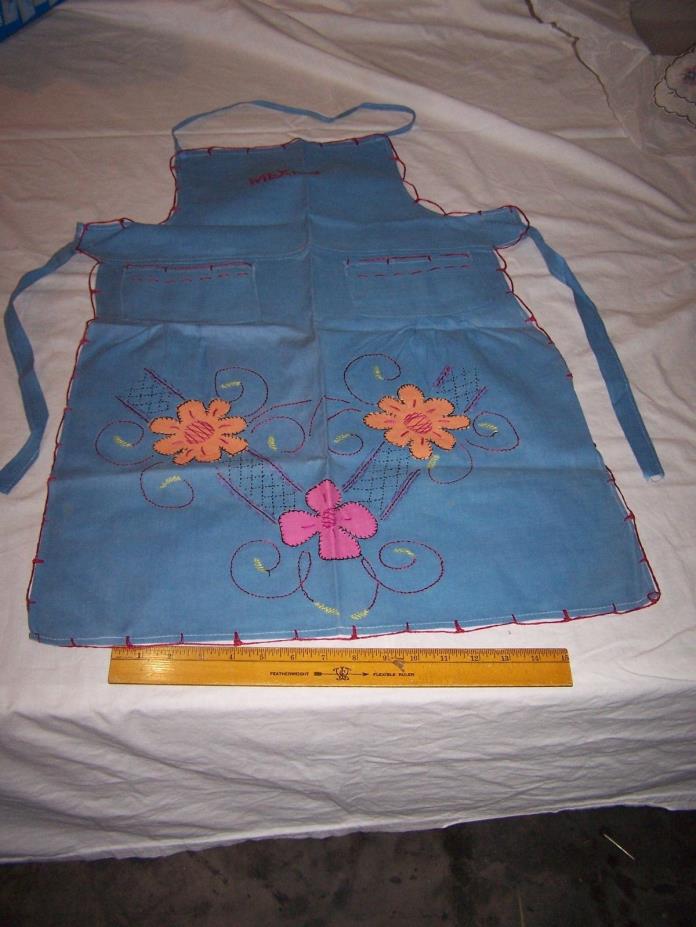 Vintage Estate Find APRON Blue w Flowers MEXICO - Hand Made