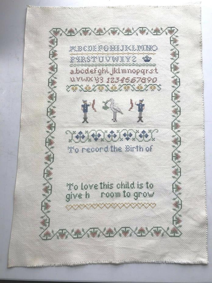 Counted Cross Stitch Baby Birth Record Alphabet Sampler Unfinished Unframed