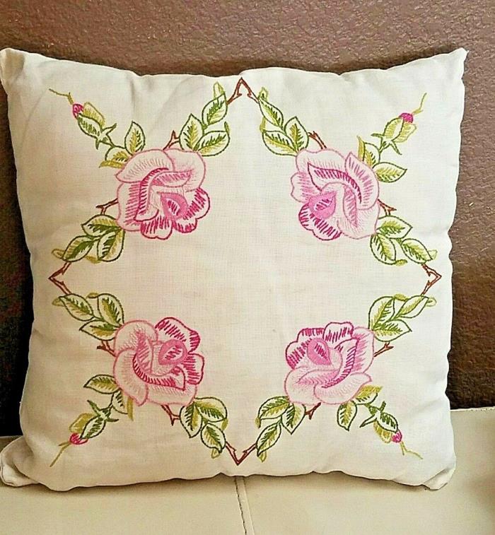 Vintage Embroidered Pillow - ROSES Leaves & Rosebuds on Cream Linen 15x15
