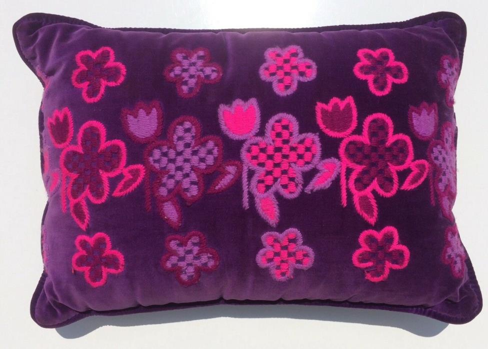 Vintage Retro Mod Throw Pillow Purple Velvet with Hot Pink Embroidered Flowers