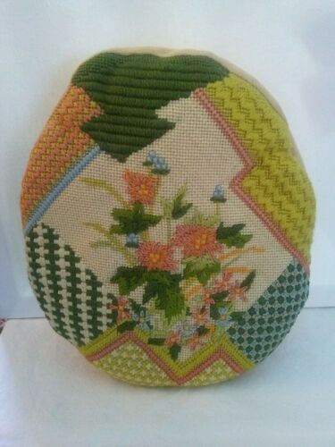 Vintage needlepoint spring Easter egg shaped decorative pillow flowers 11