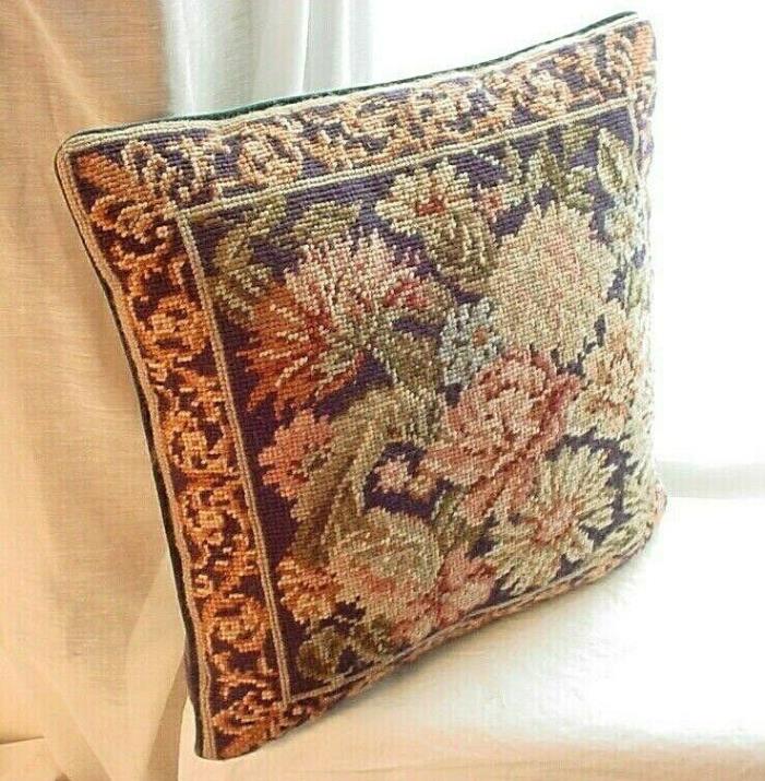 Vtg Wool Tapestry Throw Pillow Rich Floral w Velvet Back 14 inch