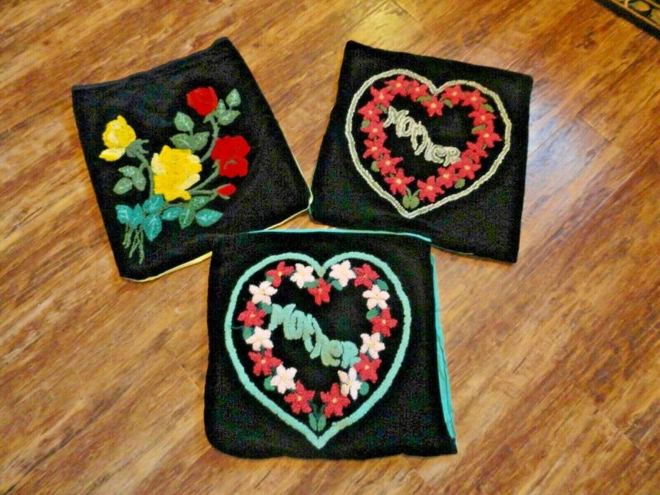 Vintage Black Velvet Embroidered Throw Pillow Covers Flowers Hearts Mother