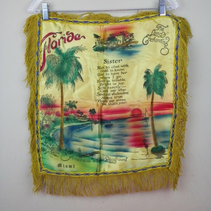 Vintage Souvenir Pillow Case Satin Fringe Florida Sister Miami Palm Trees Beach
