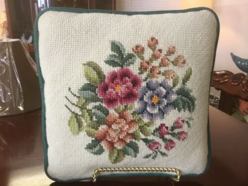 Vintage Needlepoint Floral Pillow-11 X 11-Dark Green Cotton Back-Excellent Cond-