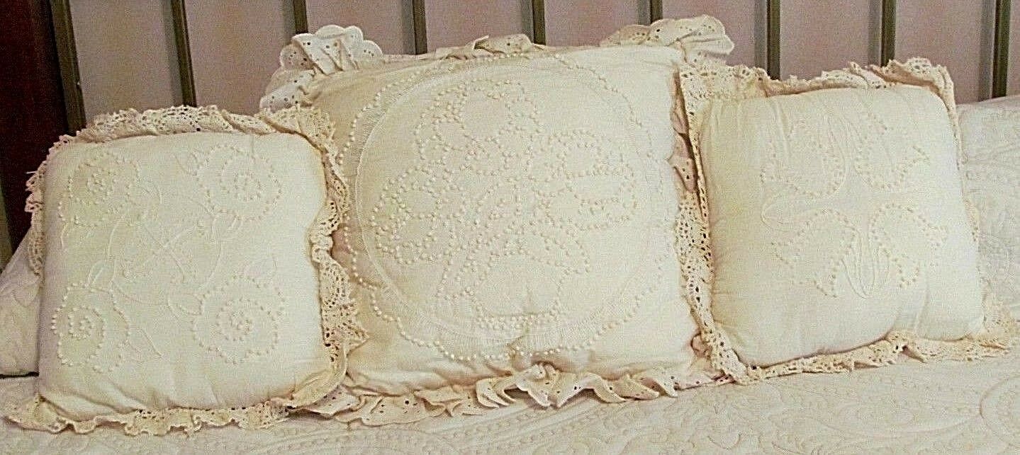Set of 3 Handmade Ivory Pillows with Embroidery and Crochet Details