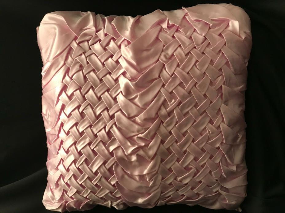 Vintage Retro Decorator Pink Satin Smocked Woven Stuffed Pillow Handmade 17x17