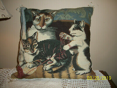 Folk Art Painting Vintage 3 Kitten Cats Needlepoint Pillow Katha Diddel RARE