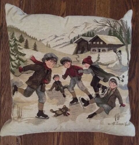 Hines of Oxford Tapestry Pillow NWT WINTER SKATING 5 Boys, Teddy Bear New