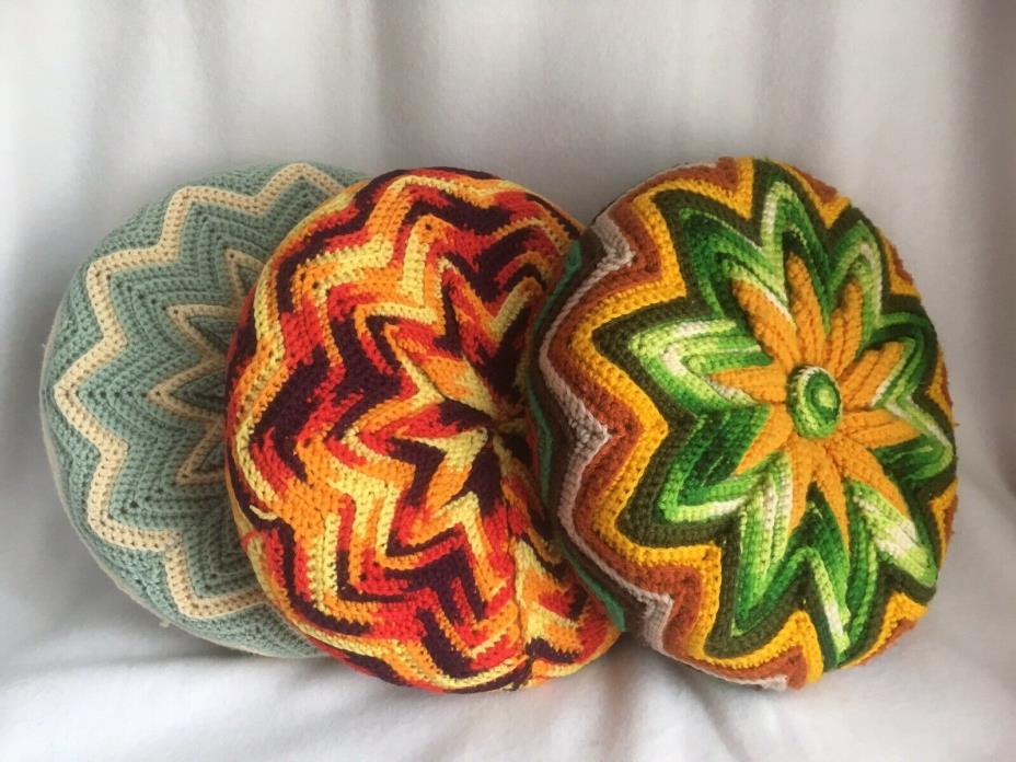 3 VTG Pillows Crochet Round Throw Accent 12
