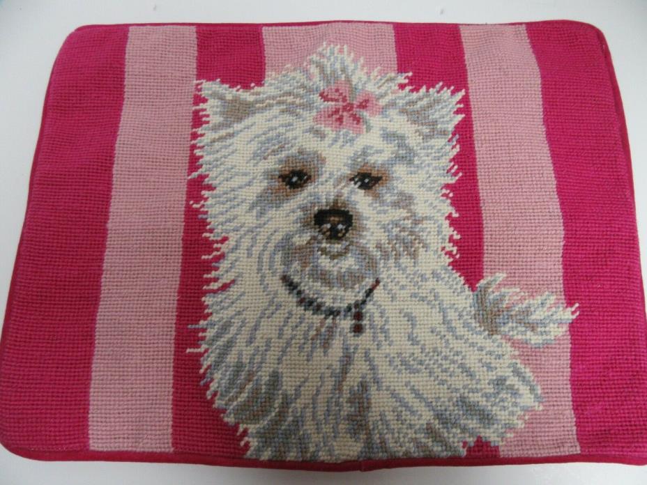 Puppy Dog Needlepoint Pillow Cover White Terrier Raspberry Pink 12x16