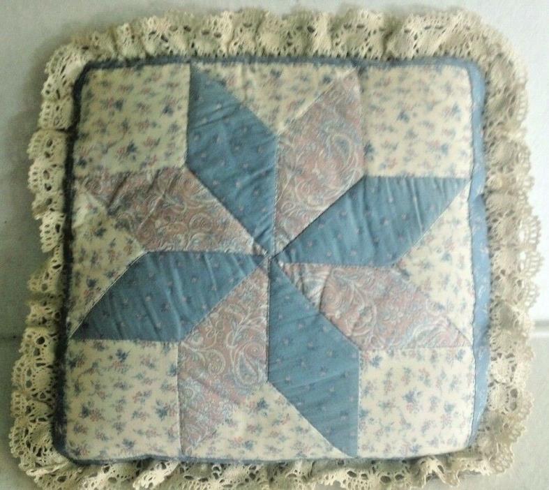 Hand Quilted Pinwheel Pillow-Blue, Pink-Beige-Paisley & Floral, 16” x 16”, Lace