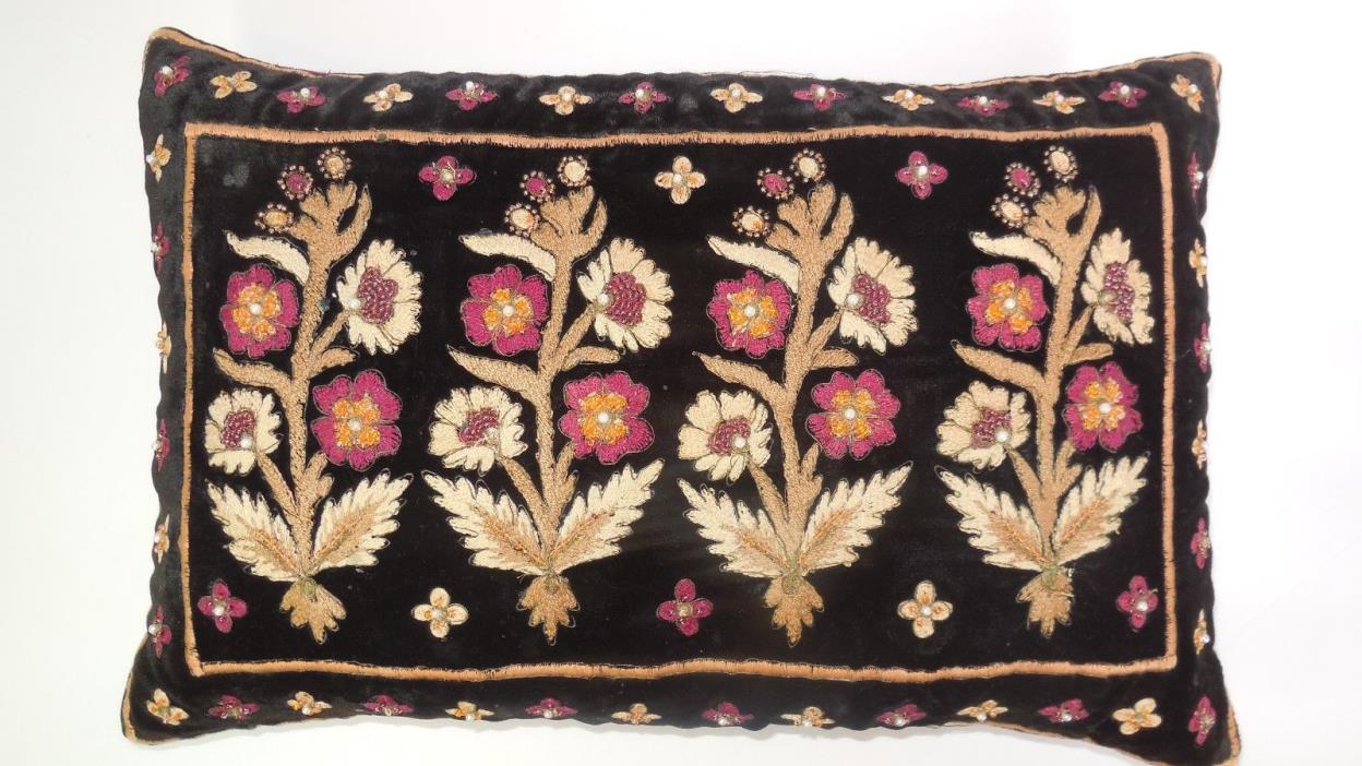 Vintage SAUDI ARABIA 1970s LUMBAR PILLOW 9x14 Velvet EMBROIDERED Ethnic Textile