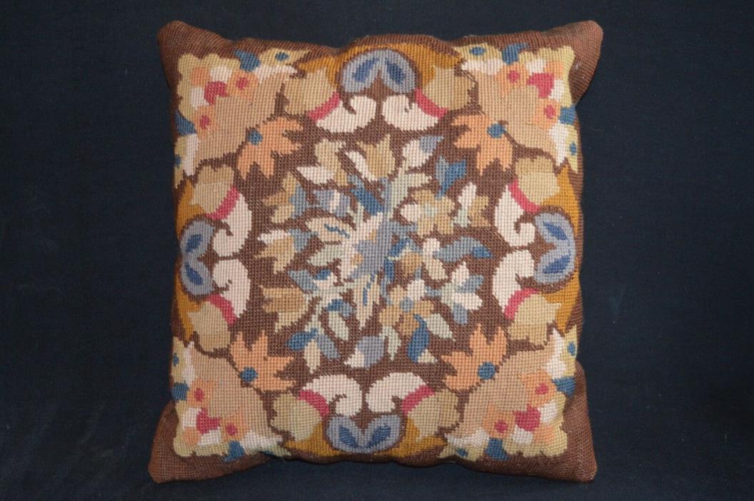 Vintage chocolate brown needlepoint pillow with blue, ivory and deep red 15