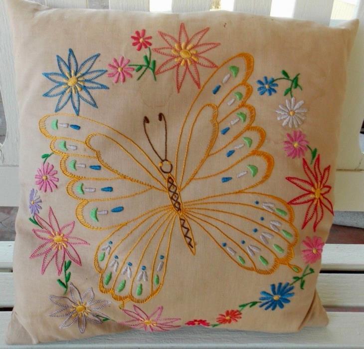 Vintage Mid Century Embroidered Feather Pillow with Butterflies and Flowers