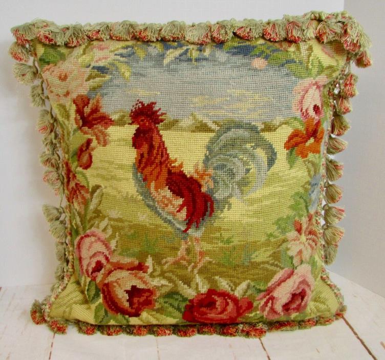 Needlepoint Rooster Pillow Aubusson Tapestry Tassel Down Fill French Country