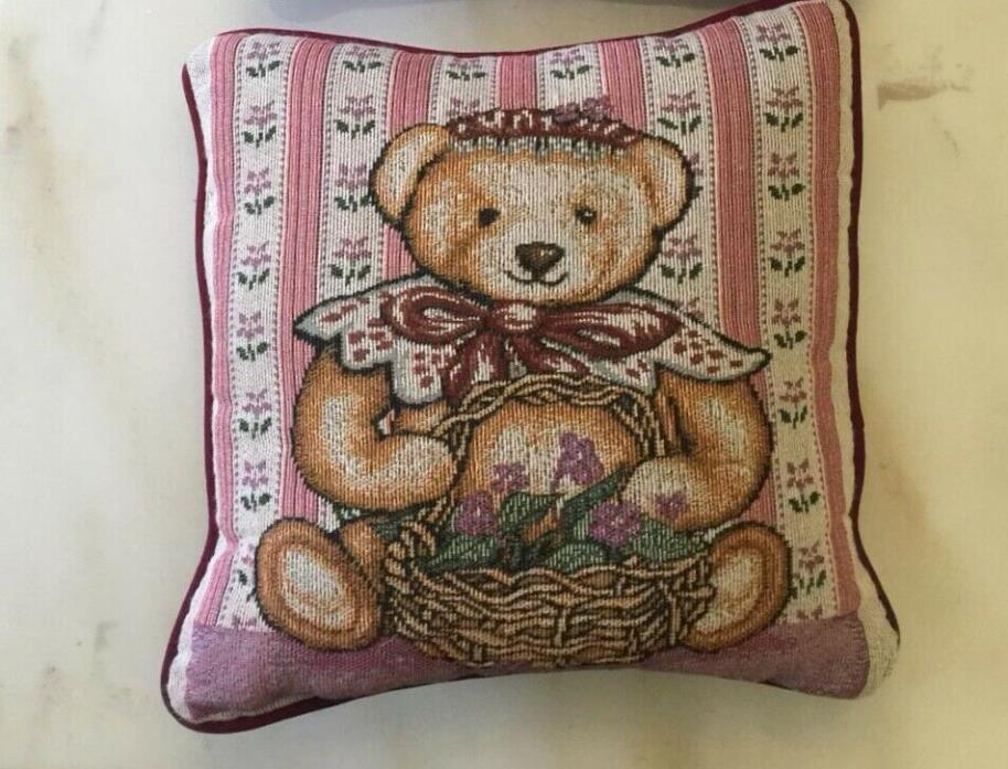 vintage hand embroidered Throw Pillow tapestry teddy bear With flower 14x14”