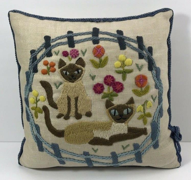 Vintage Embroidered Cat Pillow Siamese Cat Lady Flower Shabby Chic-12x12