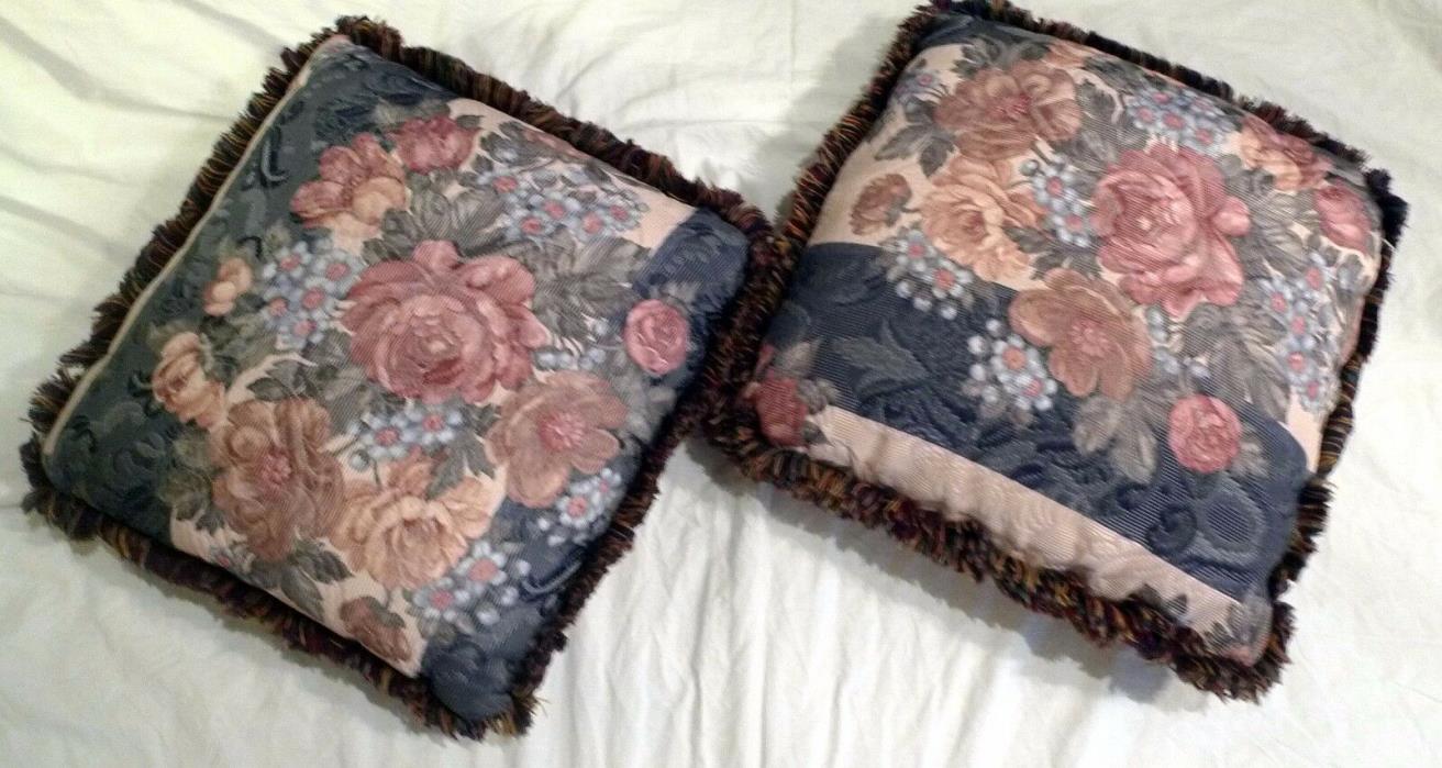 Lot 2 Vintage Burgundy Rose Tapestry Fringed Throw Pillows 19 Inch Square