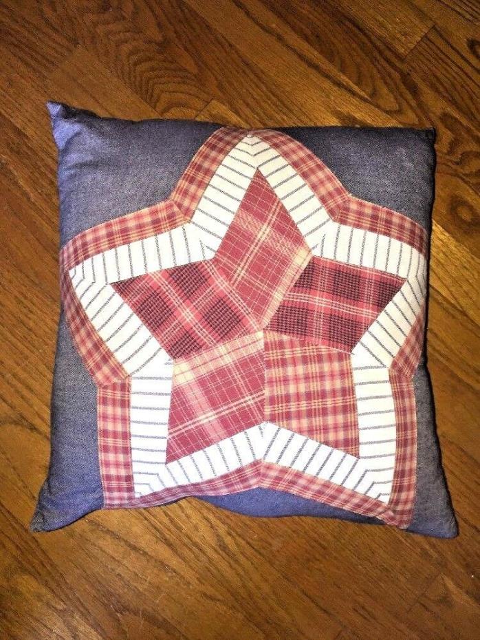 Antique Primitive COUNTRY BARN STAR Red White Blue Plaid Quilt PILLOW 15 X 15