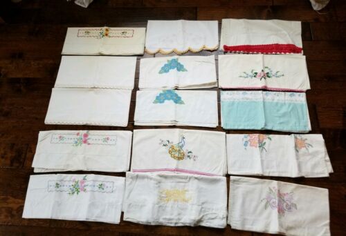 Lot of 15 Vintage CUTTER Pillowcases Painted, Embroidery,  Crocheted Edges