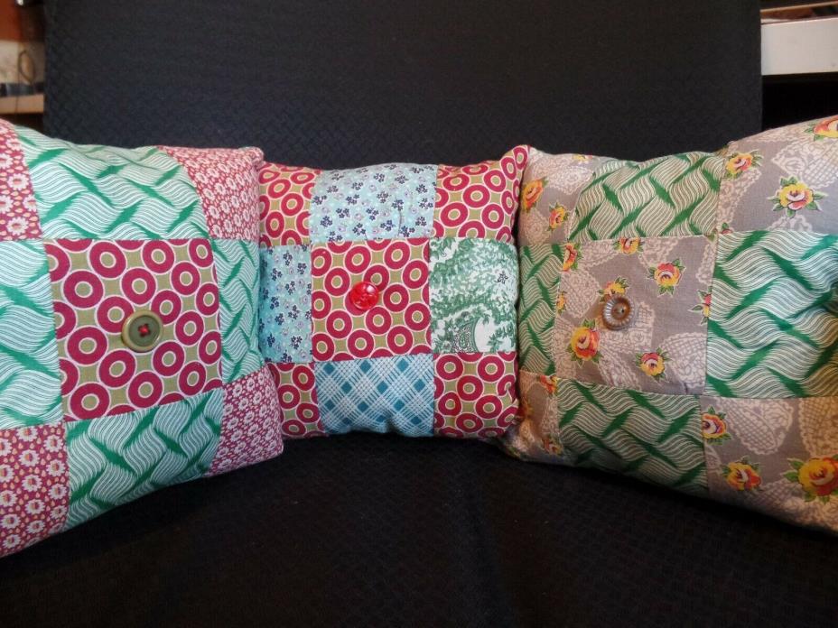 3 Vtg Handmade Throw Pillows, Front & Back, All Feedsack Fabric, Nine Patch