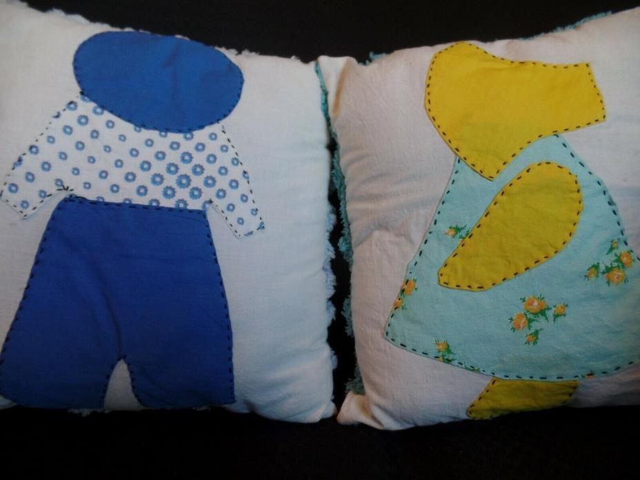 2 Vtg Handmade Throw Pillows, Sunbonnet Sue/Overall Sam Feedsack, Chenille Back