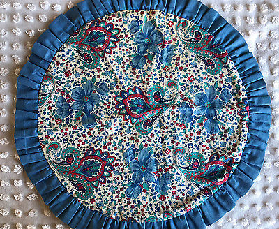 Vintage Round Floral Print Cotton Pillow Cover Blue Red Aqua Paisley Ruffle