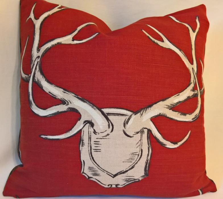 Lee Jofa ANTLERS Pillow Cover RED Linen 18x18 Velvet Back! Lodge Coll.  Horns